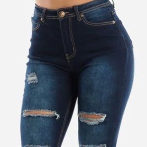 High Waisted Dark Wash Torn Skinny Jeans